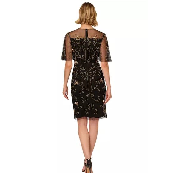 Adrianna Papell 3/4 Sheer Sleeve Beaded Embroidered Black Flower Dress Sz 6 - Picture 14 of 15